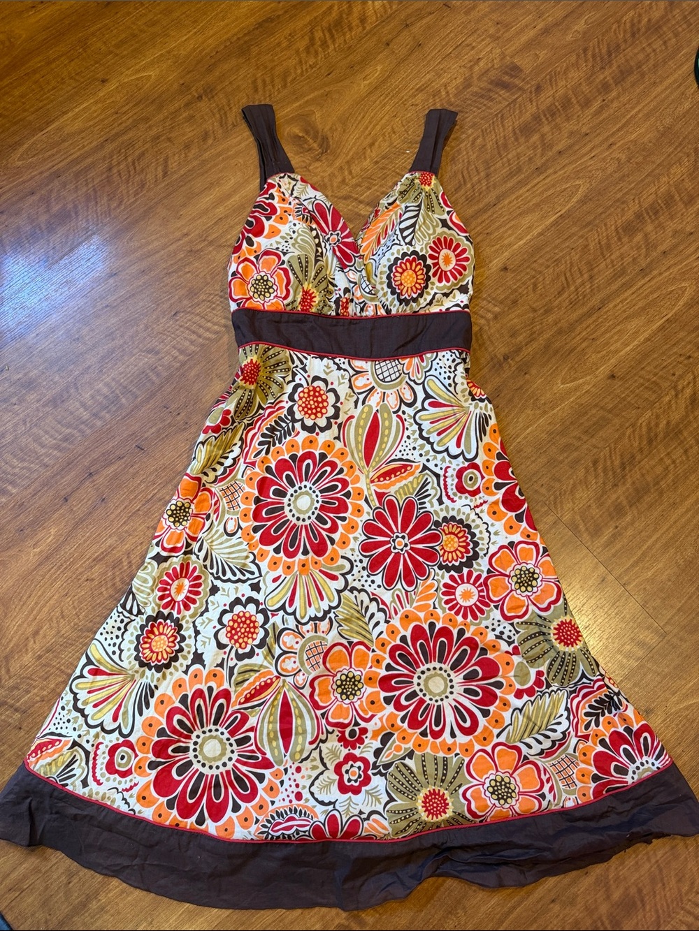 Speechless 70’s Floral Sundress in Red, Orange, Cream & Brown